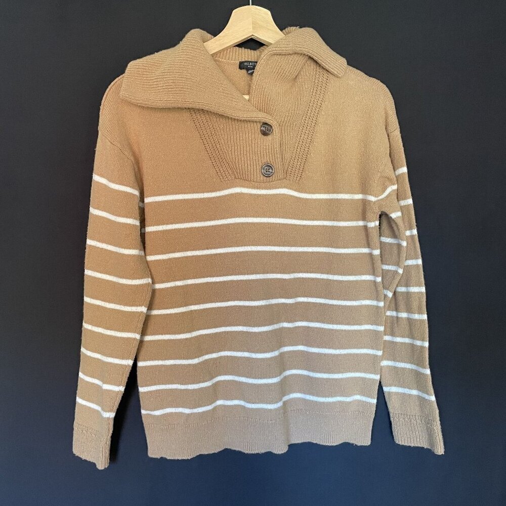 Talbots Petite beige brown and white striped knit warm sweater women's size MP